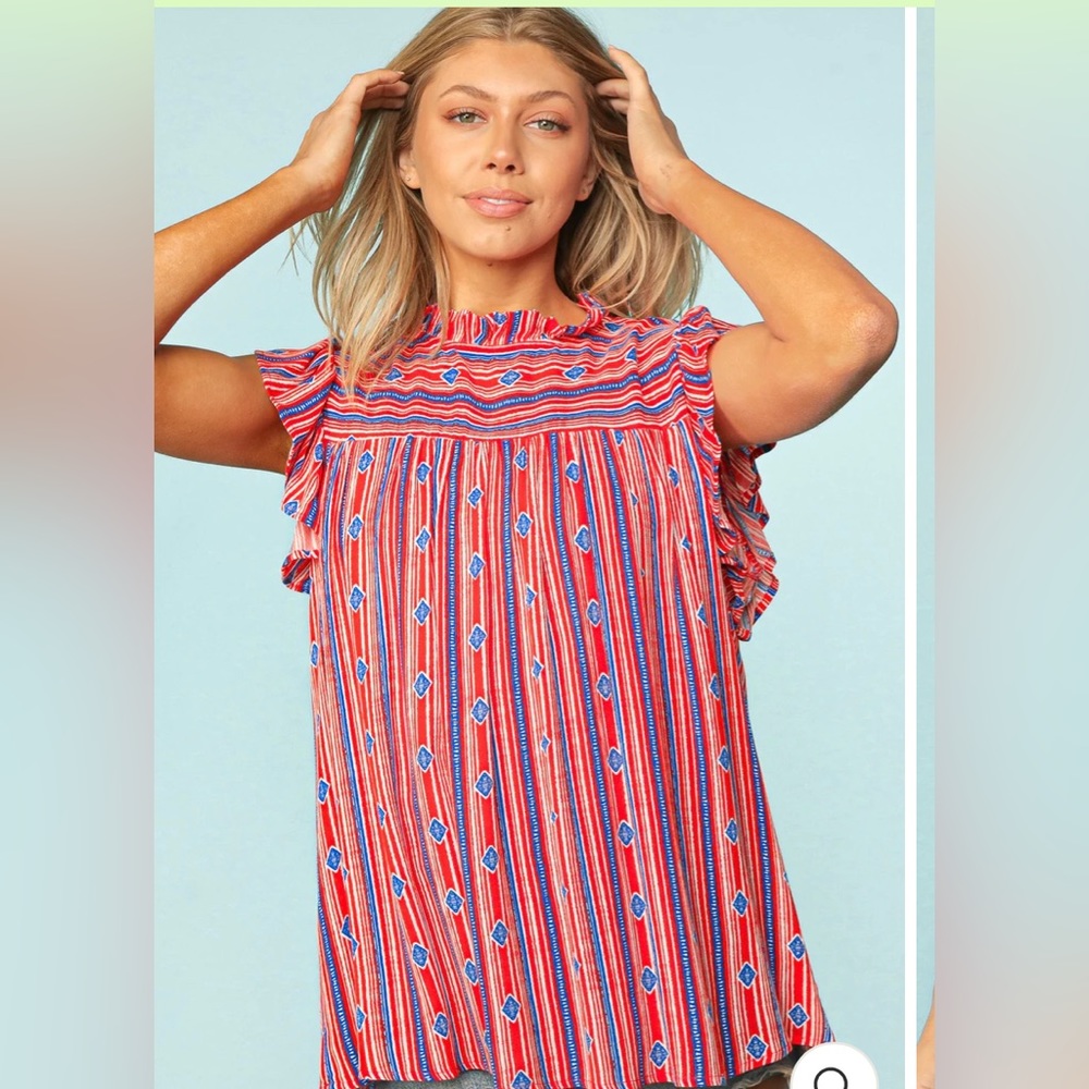 SCARLET BLUE BOHO STRIPE MOCK NECK FLUTTER SHORT SLEEVE TOP